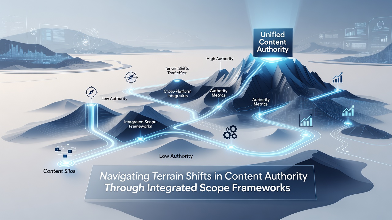 Diagram illustrating integrated scope framework layers connecting content clusters to authority metrics